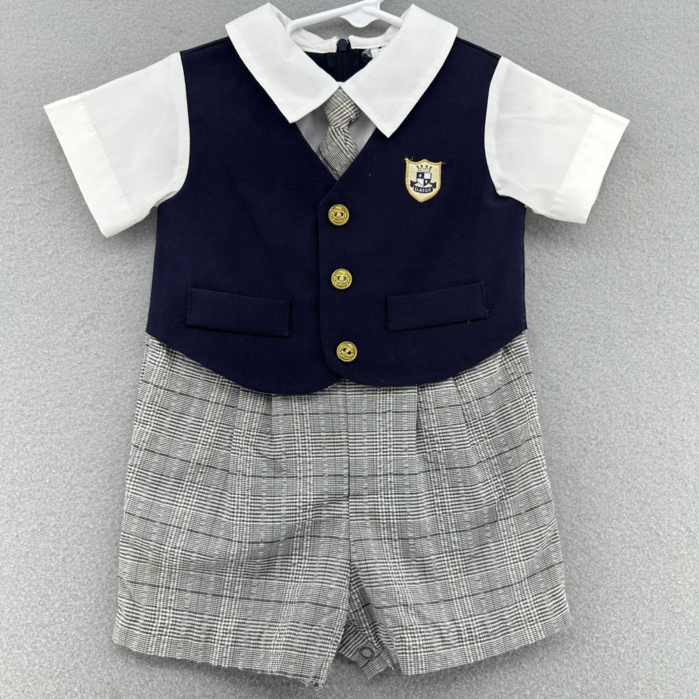 VTG 90s Baby Boy 18 Month Plaid Romper Short Sleeve Vest Academia Preppy School